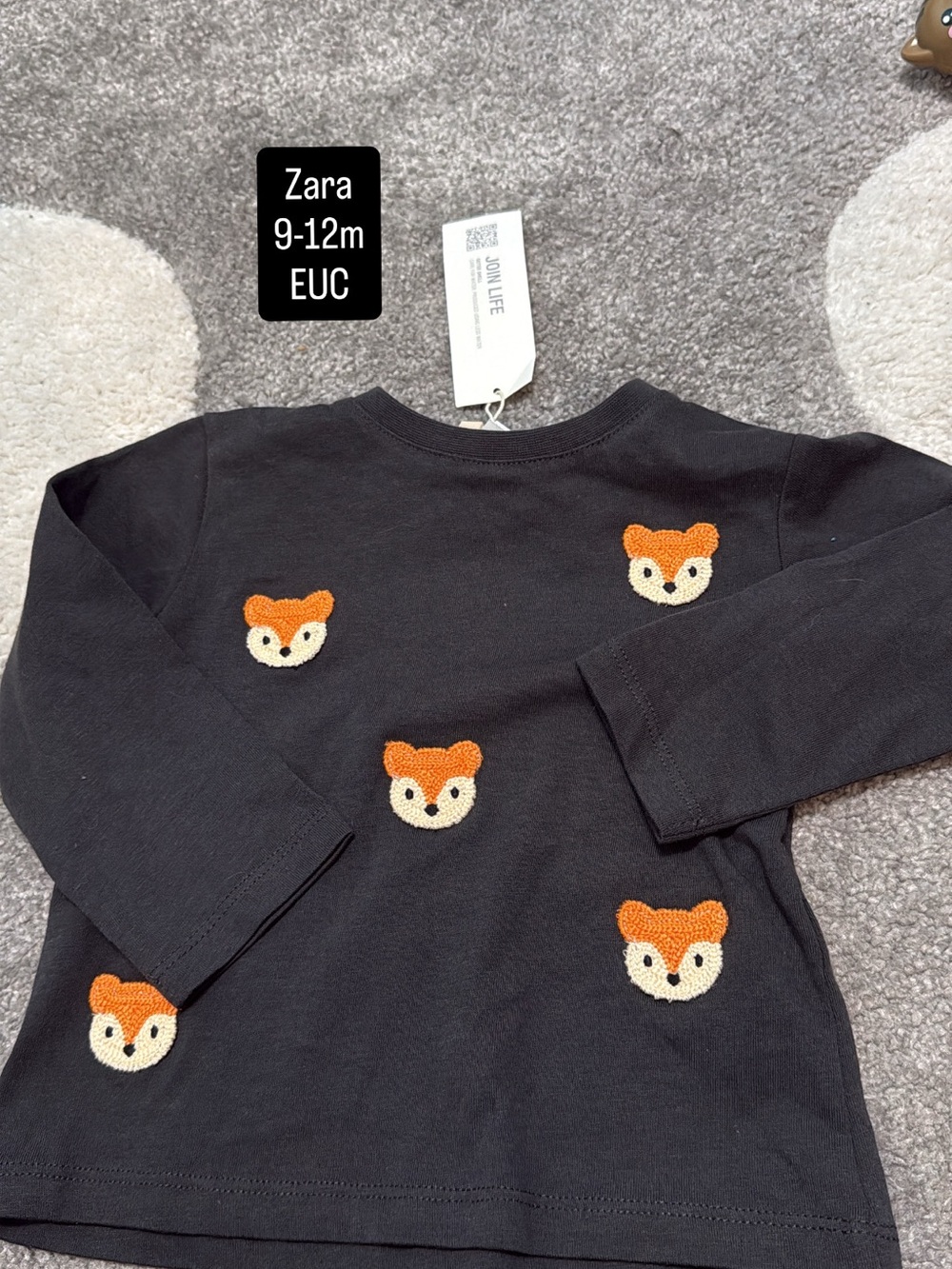 Zara Black Long-Sleeve Tee with Orange and Cream Fox Appliqués